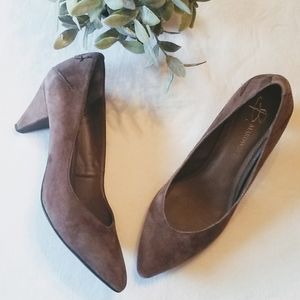 B. Makowsky tan suede heels